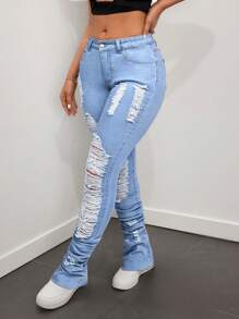 SHEIN ICON Distressed Washed Flared Women's Jeans - Light Wash - View 1