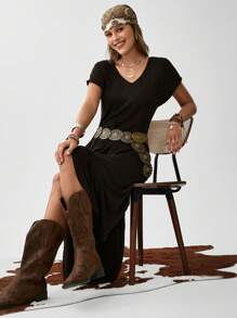 SHEIN LUNE Slant Pocket Split Hem Tee Dress - Black - View 2