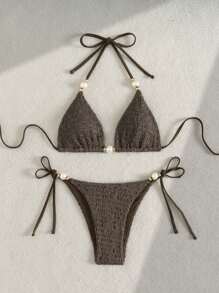 Swim SXY 2 件夏季新款纹理纯色三角吊带比基尼套装带大珍珠装饰，性感优雅度假、海滩、泳池、派对泳装，适合女士 - 棕色 - 查看 3