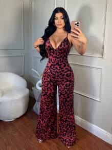 SHEIN SXY Mono sexy para mujer con pierna acampanada y estampado de leopardo