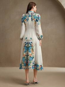 Anewsta Abito lungo con maniche lunghe e stampa floreale romantica ed elegante per le donne, adatto per le vacanze primaverili ed estive - Bianco - Visualizzare 2