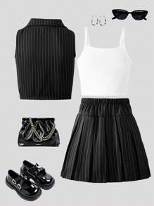 Elladie kids 全新少女套装上市，包含条纹西装无袖吊带大衣和蝴蝶结百褶裙，舒适时尚，日常穿着，甜美可爱，独具个性。