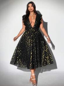 Viva Relle Robe à encolure en V profond, volants à l'ourlet, imprimé à pois métallique, mode et sexy, grande taille