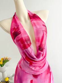 Soleia 春夏季假期垂坠领口露背网眼荷叶边不对称露背迷你连衣裙，适合度假、约会、下午茶、度假、音乐节、波西米亚风、沙滩装 - 玫紅色 - 查看 4