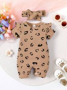SHEIN Baby Girls Comfortable Printed Romper, Suitable For Summer - Brown - View 3