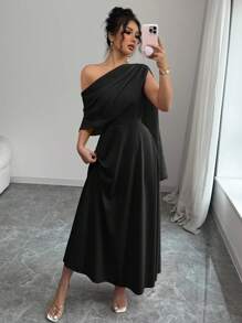 Rafferiza French Elegant Style Versatile Fashion Asymmetrical Asymmetric Neck Sheer Chiffon Draped A-Line Midi Dress, Pink, For Women, Spring/Summer - Black - View 4