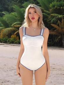 Swim Mod Women's Beach Outfit Summer New Simple & Elegant Rib Knit Ruched Fitted One-Piece Swimsuit Vacation - White - View 3