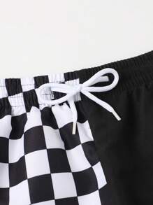 Big Boys 8-14 Years Checkerboard Split Design Beach Shorts Black White Color Block Swim Trunks Quick-Dry Lightweight Elastic Drawstring Bathing Suit - Black and White - View 4