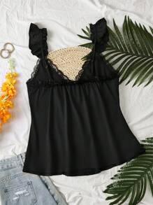 INAWLY Plus Size Casual Solid Color Lace Trim Camisole - Black - View 2