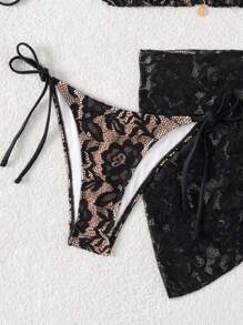 SHEIN Springbreak 3 件套女式夏季花卉蕾丝露背性感比基尼套装带罩衫裙，沙滩装