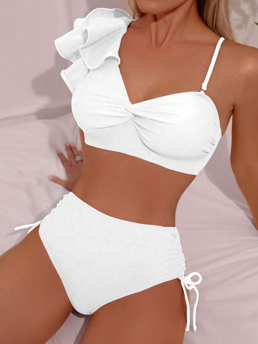 SHEIN Swim Spring Break Vacation Solid Color Ruffled Trim Bikini Swimwear Set For Summer