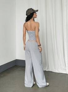 StreetHx 女士斜条纹紧身胸衣短款上衣 + 低腰长裤 2 件套 - 黑與白 - 查看 2