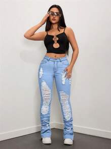 SHEIN ICON Distressed Washed Flared Women's Jeans - Light Wash - View 5