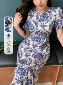 DAZY Vestido corto de estilo vacacional de manga corta con estampado floral de verano con volantes para mujer