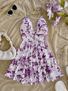 Soleia 度假细肩带 V 领镂空露背碎花连衣裙 - 淡紫色 - 查看 6