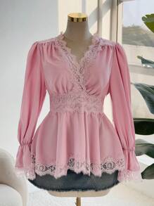 Flirla Plus Size Solid Color Splicing Long Sleeve Simple Casual Shirt