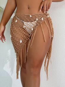 SHEIN Swim Women Spring Break Hollow Out Tassel Shell Crochet Knit Cover Up, Summer Beach Vacation - Khaki - View 3