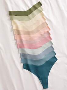 12pcs Women Seamless Low-Waist Simple Solid Color Thong - Multicolor - View 2