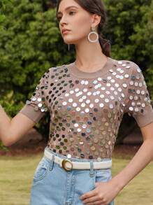 Anewsta Elegant Novelty Embellished Sequin Knit Short Sleeve Sweater, Spring/Summer Casual - Khaki - View 6