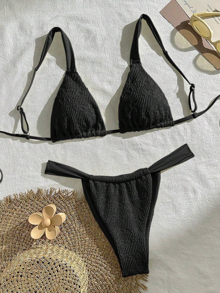 Women Summer Beach Solid Color Textured Sexy Bikini Swimwear Set, Random Floral Pattern Fabric - Black - View 1