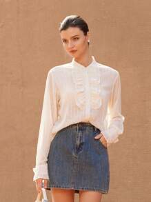 GENKIRA 2025 Spring New Off-White Elegant Office Women Blouse,Autumn French Retro Palace Style Stand Collar,Double-Layer Ruffle Trim,Lustrous Fabric Cloth - White - View 1