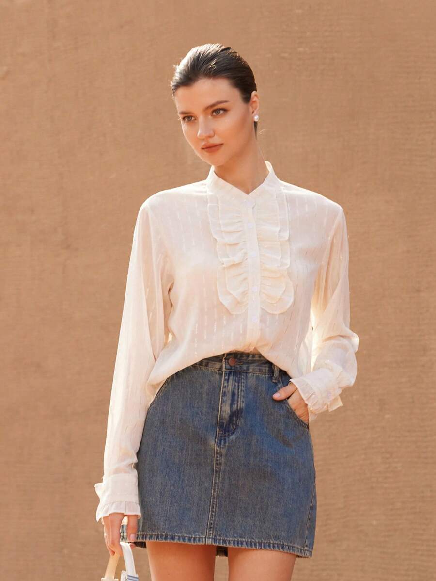 GENKIRA 2025 Spring New Off-White Elegant Office Women Blouse,Autumn French Retro Palace Style Stand Collar,Double-Layer Ruffle Trim,Lustrous Fabric Cloth - White - View 1