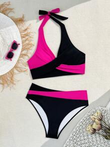 SHEIN Slayr Plus Size Beachwear Set With Color Block Halter Neck Bikini And Bottom, Summer,Summer Beach - Black - View 3