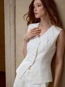 MOTF PREMIUM LINEN EMBROIDERY BUTTON UP WAISTCOAT,BUSINESS CASUAL WOMAN - White - View 5