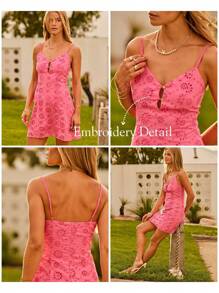 Aralina Vestido corto de verano con tirantes tipo espagueti, detalles de botones, bordado inglés y estilo bohemio para vacaciones