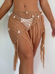 SHEIN Swim Women Spring Break Hollow Out Tassel Shell Crochet Knit Cover Up, Summer Beach Vacation - Khaki - View 6