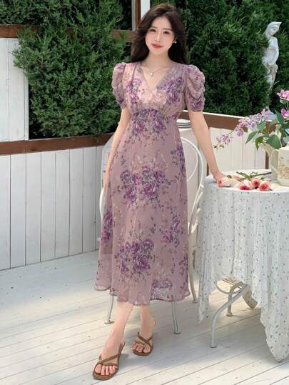 DAZY Đầm dài ngang gối cổ chữ V họa tiết hoa nhí cho nữ, thích hợp cho ngày Valentine, váy hè, trang phục đi nghỉ mát, lễ Phục sinh, phong cách Boho.