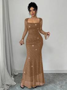 Rafferiza 优雅派对不对称领口褶皱前侧紧身美人鱼下摆长袖喇叭袖口连衣裙，女士黑色，秋冬，提花针织网眼面料配银箔长款女装 - 咖啡棕 - 查看 5