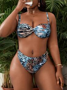 Slaydiva 2pcs Plus Size Women Leopard Print Spaghetti Strap Twist Front Crop Top & Triangle Bikini Set, Vacation Vibe For Summer