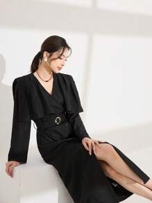 Modelyn Women Long Sleeve Solid Color Dress, Casual & Fashionable For Everyday Wear - Black - View 4