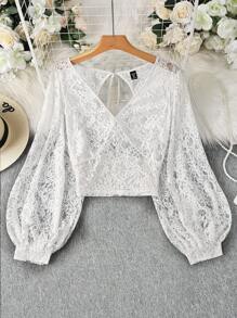 DreamSkyne 大码女式蕾丝灯笼袖透明性感衬衫 - 白色 - 查看 1