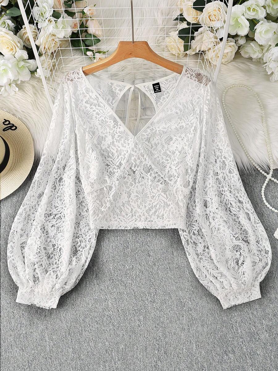 DreamSkyne 大码女式蕾丝灯笼袖透明性感衬衫 - 白色 - 查看 1