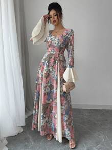 Modelyn Women's Woven Printed Patchwork Solid Color Double-Layer Ruffle Long Sleeve Bodycon Dress Fall Cloth For Women - Pink - View 3