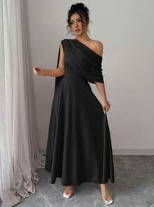 Rafferiza French Elegant Style Versatile Fashion Asymmetrical Asymmetric Neck Sheer Chiffon Draped A-Line Midi Dress, Pink, For Women, Spring/Summer - Black - View 5