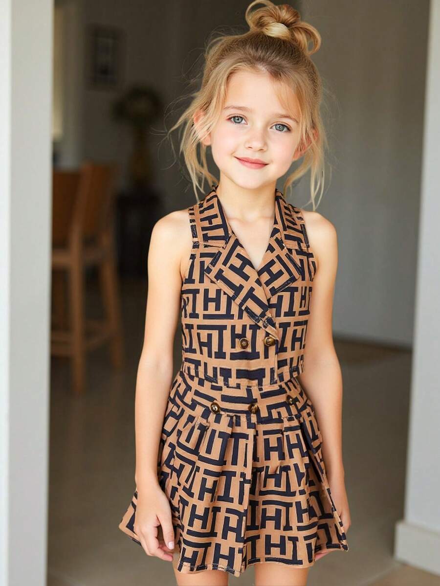 SHEIN 2 件套年轻女孩翻领纽扣前短袖图案印花衬衫上衣 + 松紧腰褶皱 A 字迷你裙，休闲时尚日常穿着夏季新款服装 - 棕色 - 查看 1