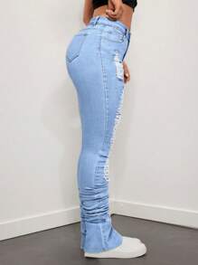 SHEIN ICON Distressed Washed Flared Women's Jeans - Light Wash - View 4