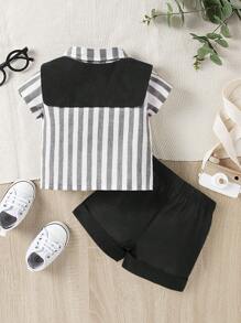 Souflis Souflis Set de 2 piezas para niños pequeños con camisa azul y blanca, pantalones cortos y capa, conjunto casual de verano cómodo y de moda