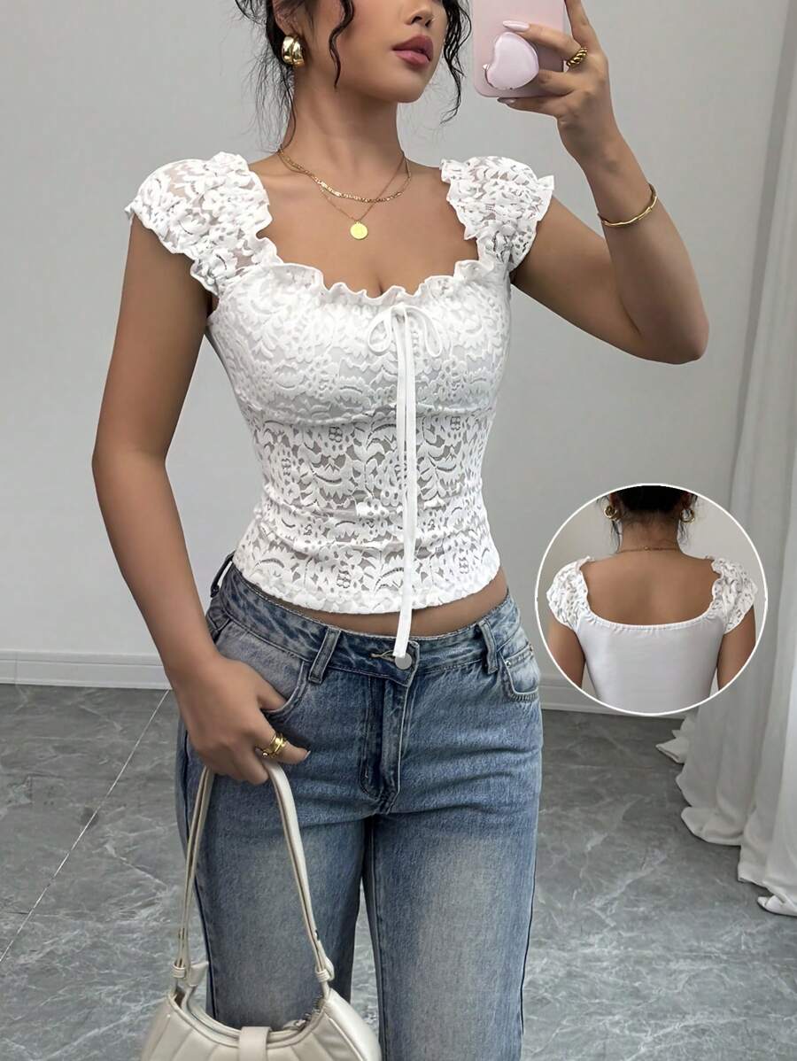 Selianne Áo thun tay ngắn màu trắng thanh lịch có nơ chun phía trước và tấm ren, mùa xuân/hè dành cho nữ - trắng - Xem 1