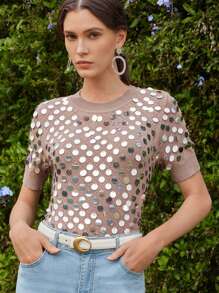 Anewsta Elegant Novelty Embellished Sequin Knit Short Sleeve Sweater, Spring/Summer Casual - Khaki - View 1