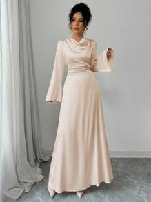 Rafferiza Elegant Fitted V-Neck Long Sleeve Drawstring Waist A-Line Satin Dress, Pink, Autumn/Winter Fall Cloth For Women - Khaki - View 6