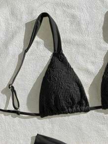 Women Summer Beach Solid Color Textured Sexy Bikini Swimwear Set, Random Floral Pattern Fabric - Black - View 3