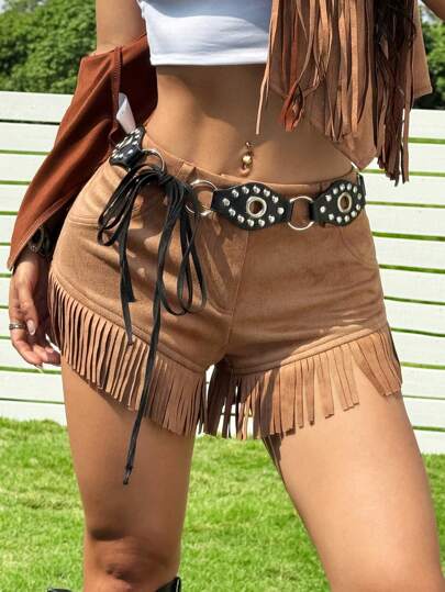 SHEIN EZwear Women's Casual Vacation Shorts With Tassel Decoration