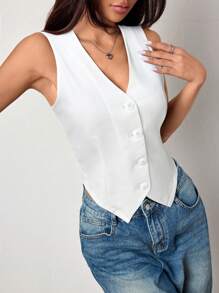 SHEIN Unity 1 pièce Débardeur ajusté tricoté à col en V sans manches de couleur unie pour femmes