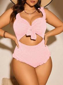 SHEIN Swim Curve 大码纯色镂空连体泳衣，海滩度假 - 藕粉色 - 查看 5
