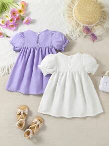 SHEIN Vintaside Kids 2pcs Baby Girl Lovely Floral Print Round Neck Short Puff Sleeve Casual Dress - Multicolor - View 7