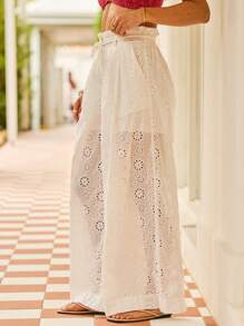 Aralina Broderie Anglaise Drawstring Rope Belt Waist Wide Leg Beach Vacation Pants - White - View 4
